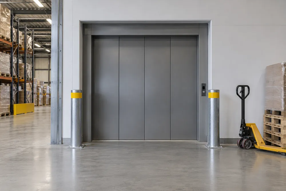Industrial goods lift doors beside a warehouse loading area