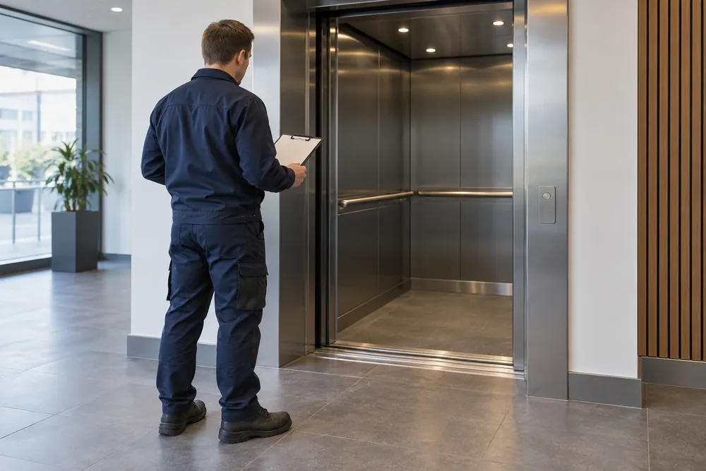 Engineer recording lift inspection observations at a commercial landing