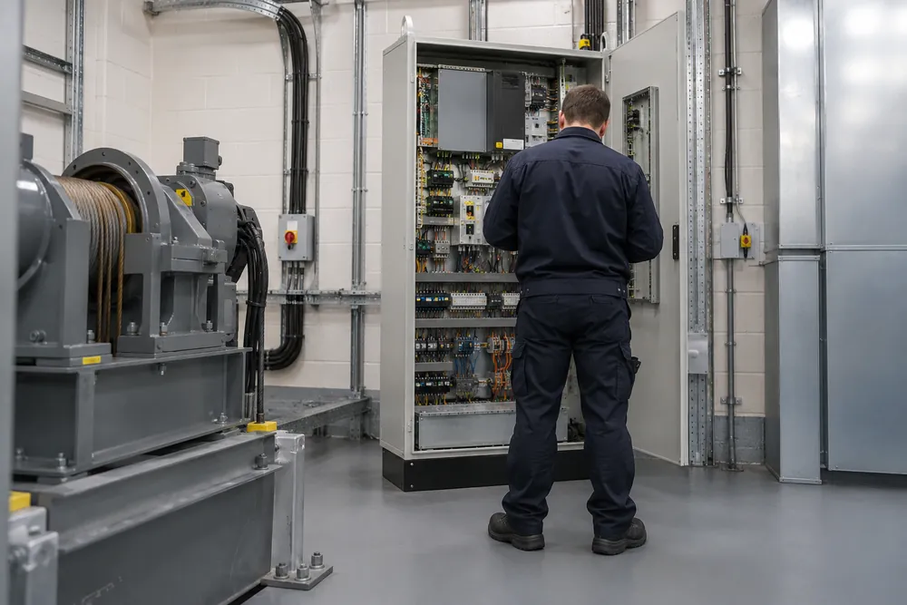 Lift engineer working at an isolated control cabinet in a commercial plant room